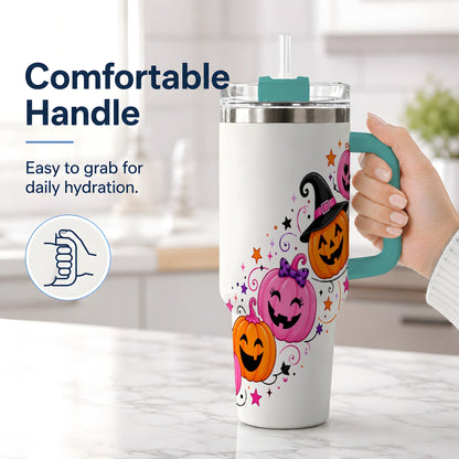 #pl[40oz|Green] Cute Pink Pumpkin Halloween 40oz Tumbler, Colorful Jack O Lantern Art