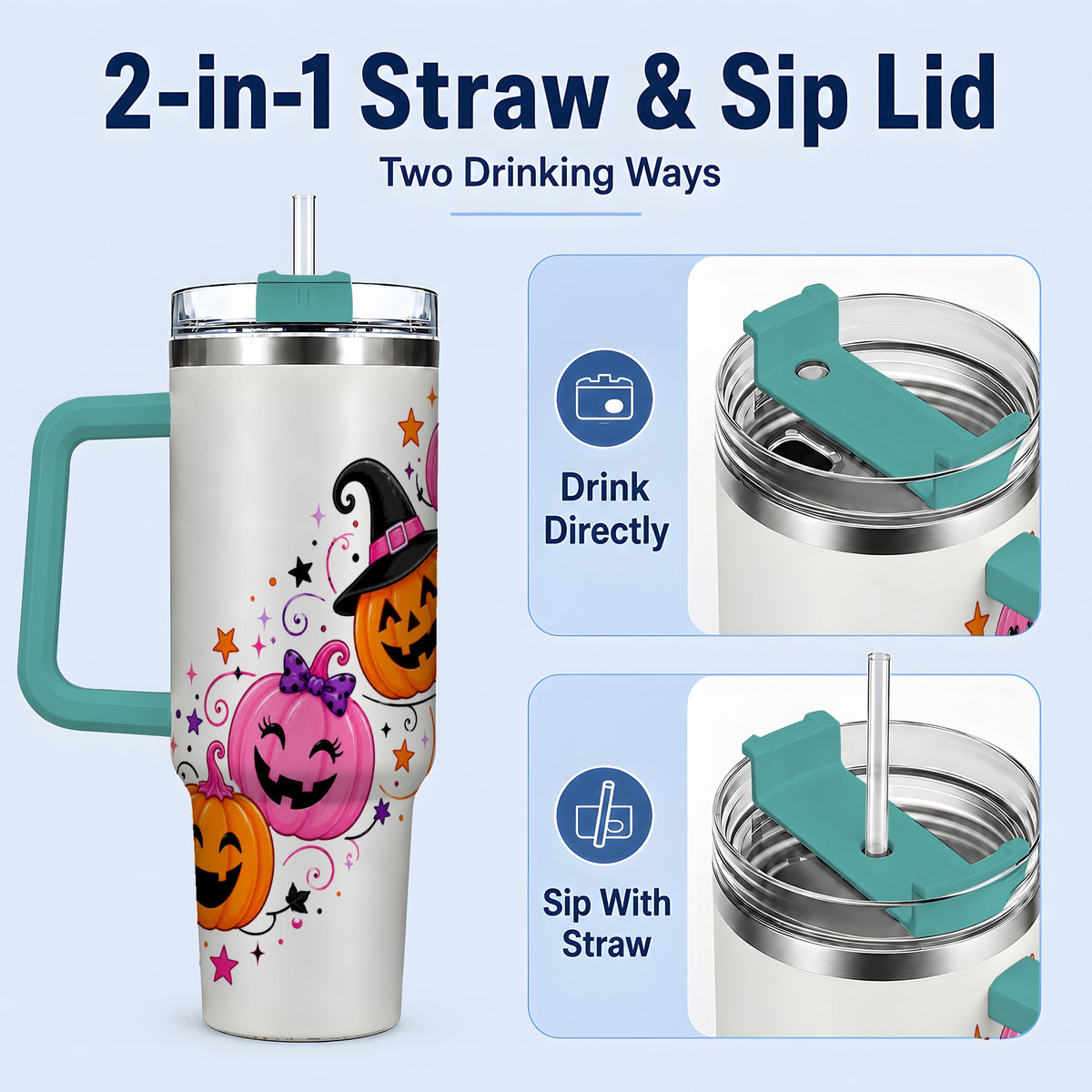 #pl[40oz|Green] Cute Pink Pumpkin Halloween 40oz Tumbler, Colorful Jack O Lantern Art