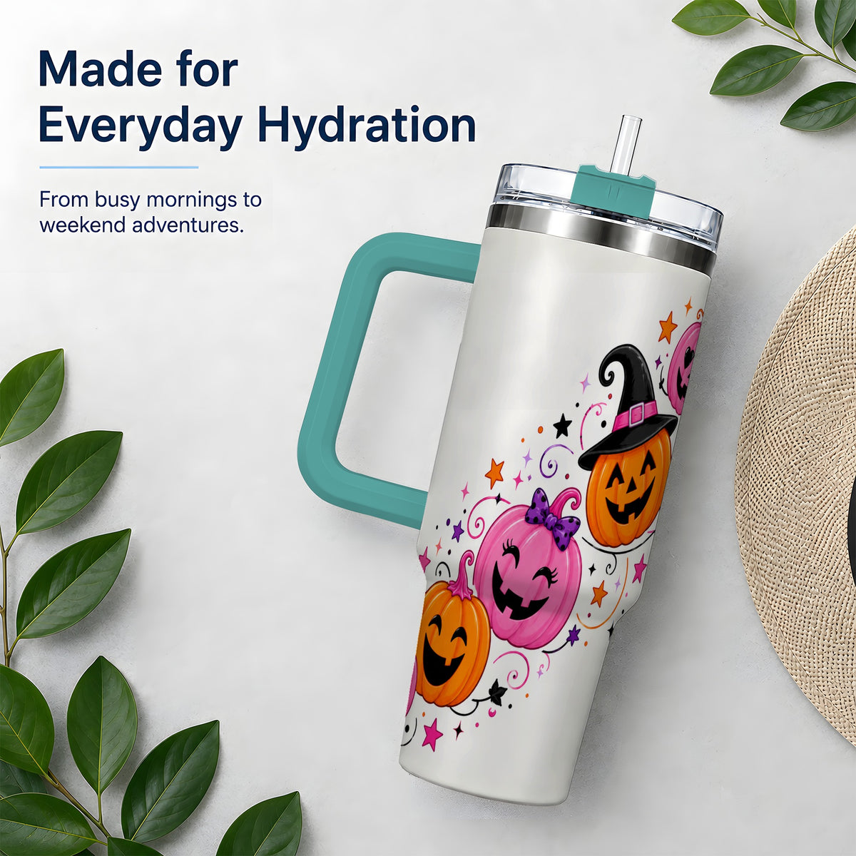 #pl[40oz|Green] Cute Pink Pumpkin Halloween 40oz Tumbler, Colorful Jack O Lantern Art