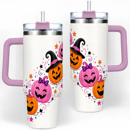 #pl[40oz|Pink] Cute Pink Pumpkin Halloween 40oz Tumbler, Colorful Jack O Lantern Art