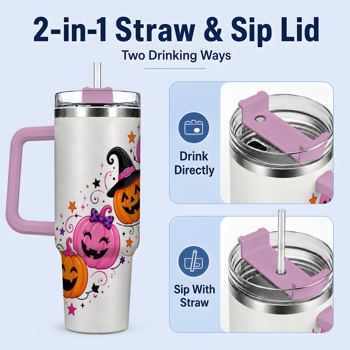 #pl[40oz|Pink] Cute Pink Pumpkin Halloween 40oz Tumbler, Colorful Jack O Lantern Art