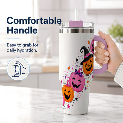 #pl[40oz|Pink] Cute Pink Pumpkin Halloween 40oz Tumbler, Colorful Jack O Lantern Art