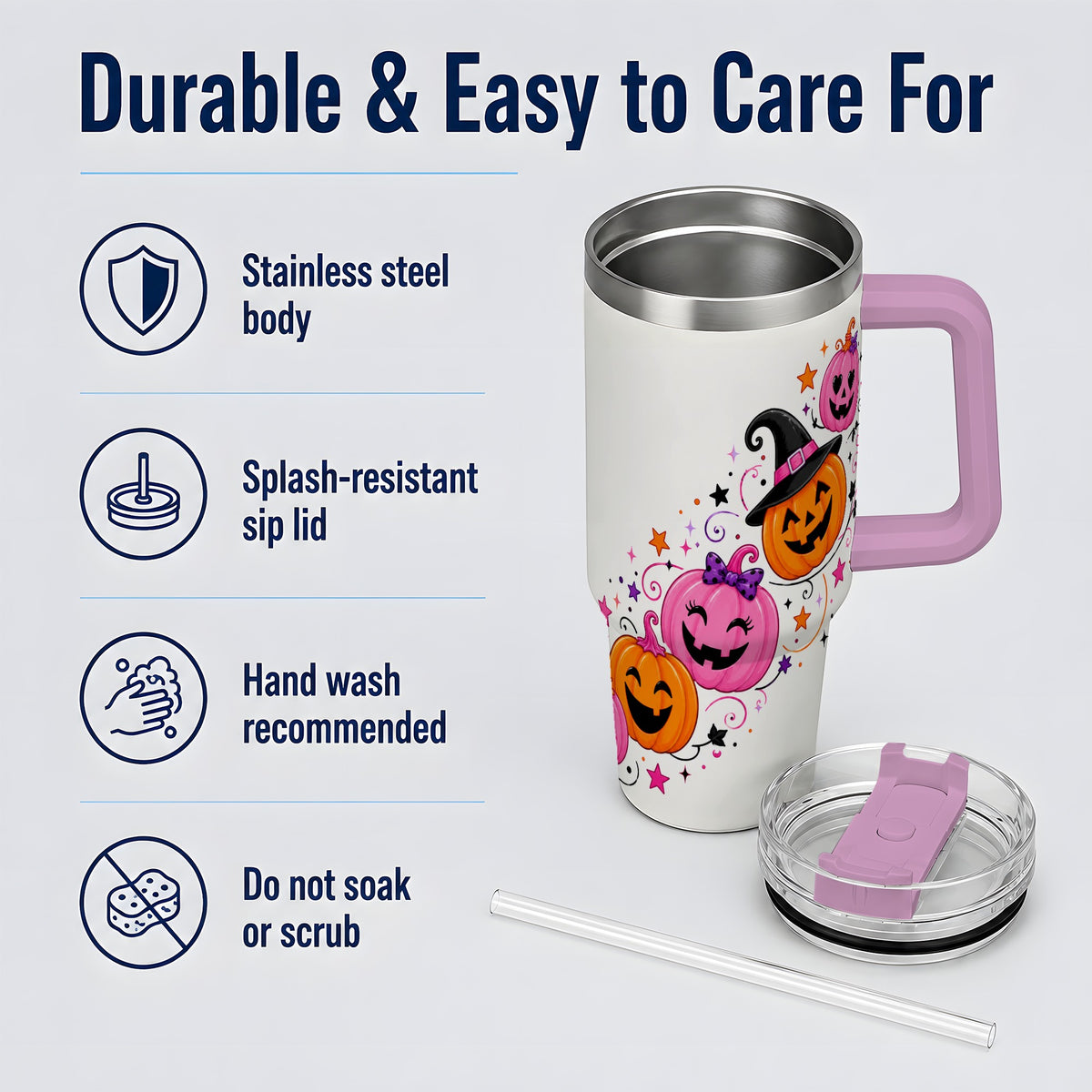 #pl[40oz|Pink] Cute Pink Pumpkin Halloween 40oz Tumbler, Colorful Jack O Lantern Art