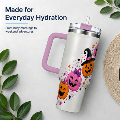 #pl[40oz|Pink] Cute Pink Pumpkin Halloween 40oz Tumbler, Colorful Jack O Lantern Art