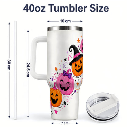 #pl[40oz|White] Cute Pink Pumpkin Halloween 40oz Tumbler, Colorful Jack O Lantern Art
