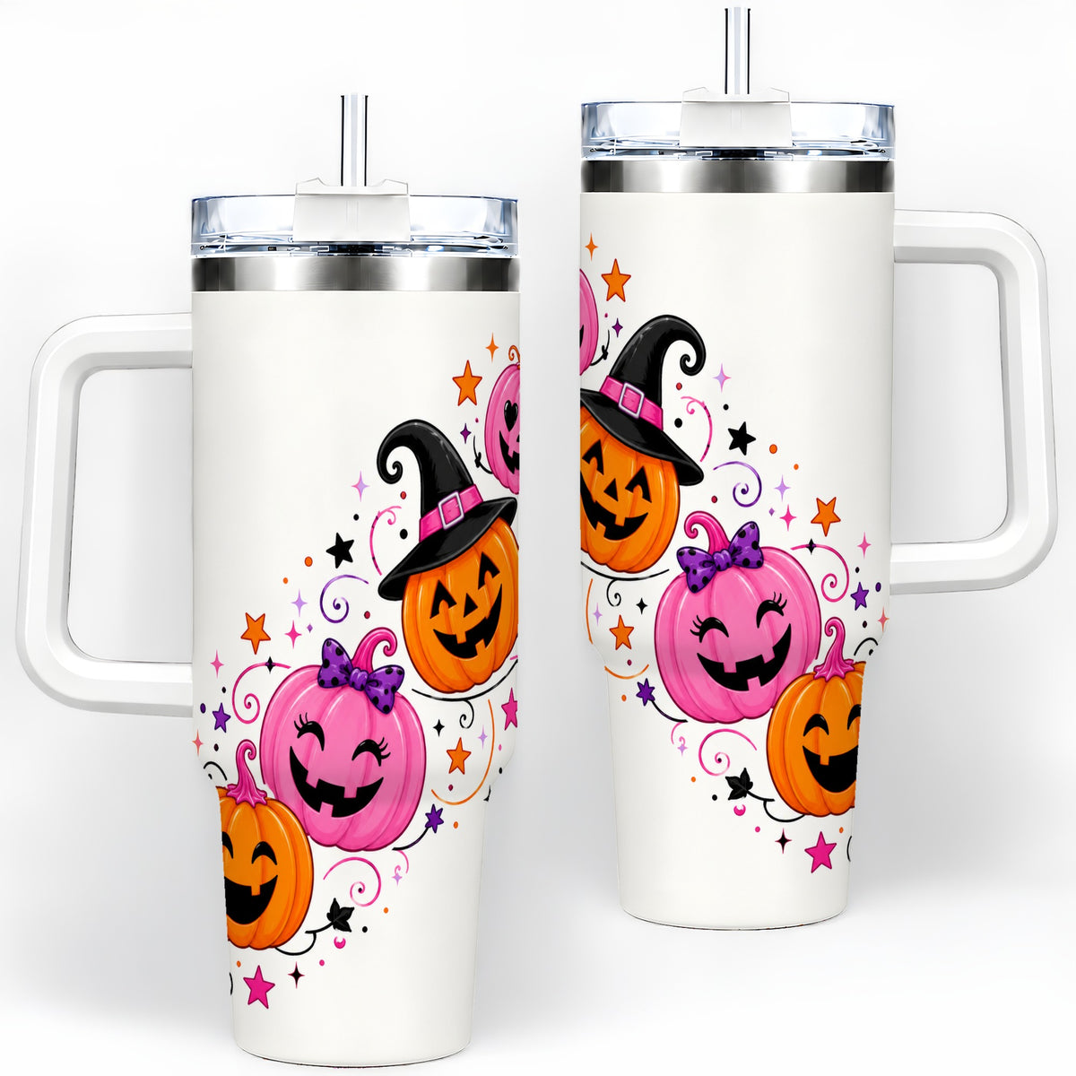 Cute Pink Pumpkin Halloween 40oz Tumbler, Colorful Jack O Lantern Art