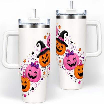 Cute Pink Pumpkin Halloween 40oz Tumbler, Colorful Jack O Lantern Art