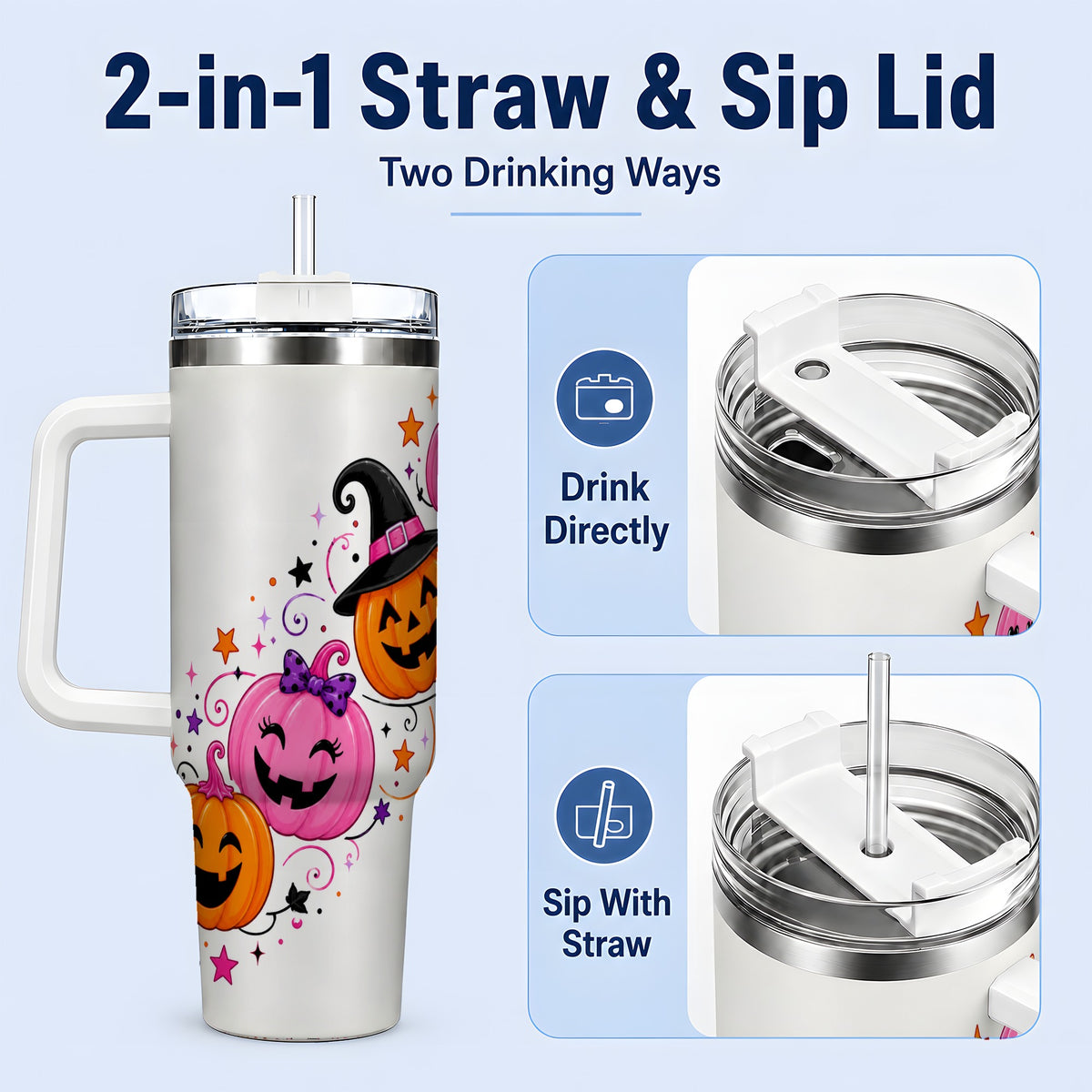 #pl[40oz|White] Cute Pink Pumpkin Halloween 40oz Tumbler, Colorful Jack O Lantern Art