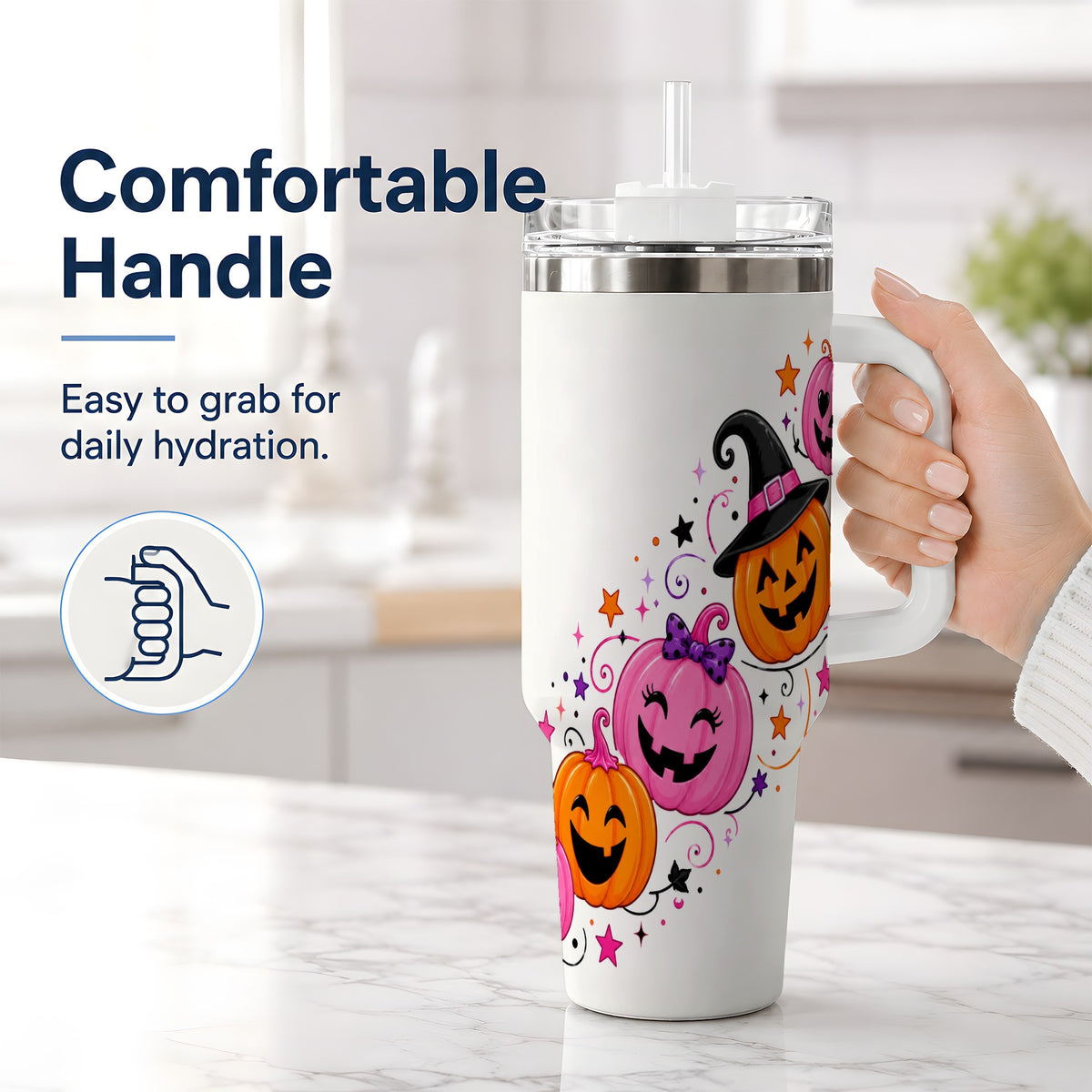 #pl[40oz|White] Cute Pink Pumpkin Halloween 40oz Tumbler, Colorful Jack O Lantern Art
