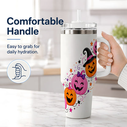 #pl[40oz|White] Cute Pink Pumpkin Halloween 40oz Tumbler, Colorful Jack O Lantern Art