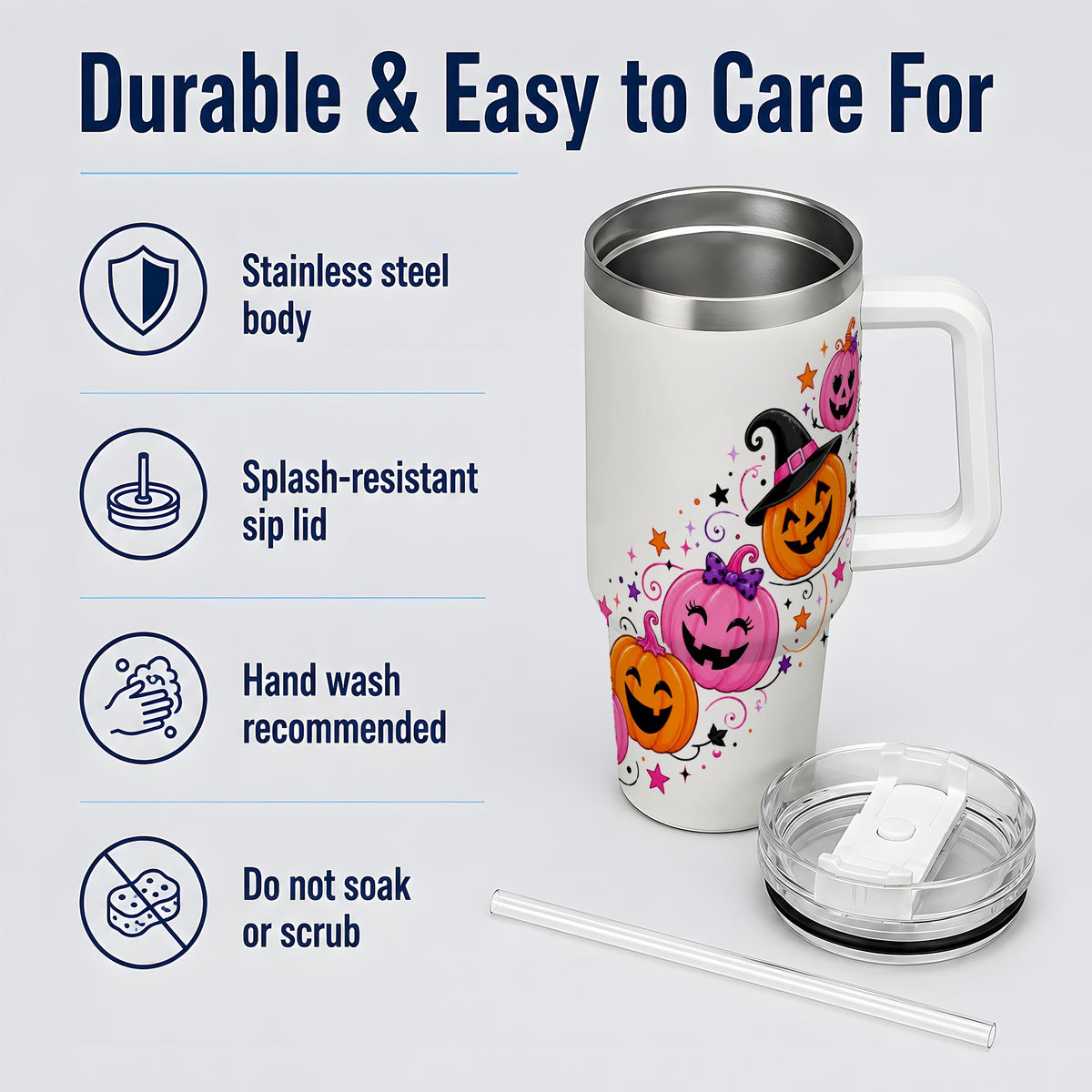 #pl[40oz|White] Cute Pink Pumpkin Halloween 40oz Tumbler, Colorful Jack O Lantern Art