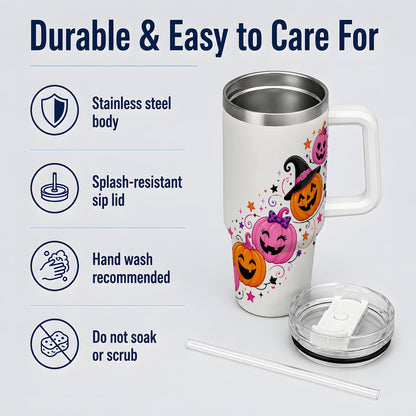 #pl[40oz|White] Cute Pink Pumpkin Halloween 40oz Tumbler, Colorful Jack O Lantern Art