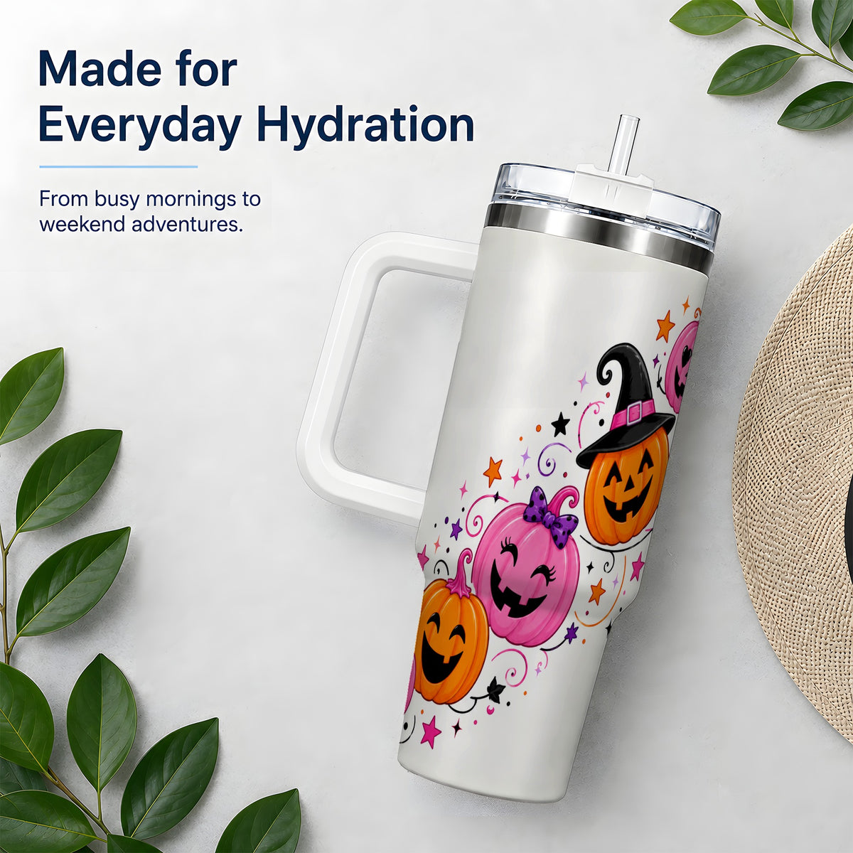 #pl[40oz|White] Cute Pink Pumpkin Halloween 40oz Tumbler, Colorful Jack O Lantern Art