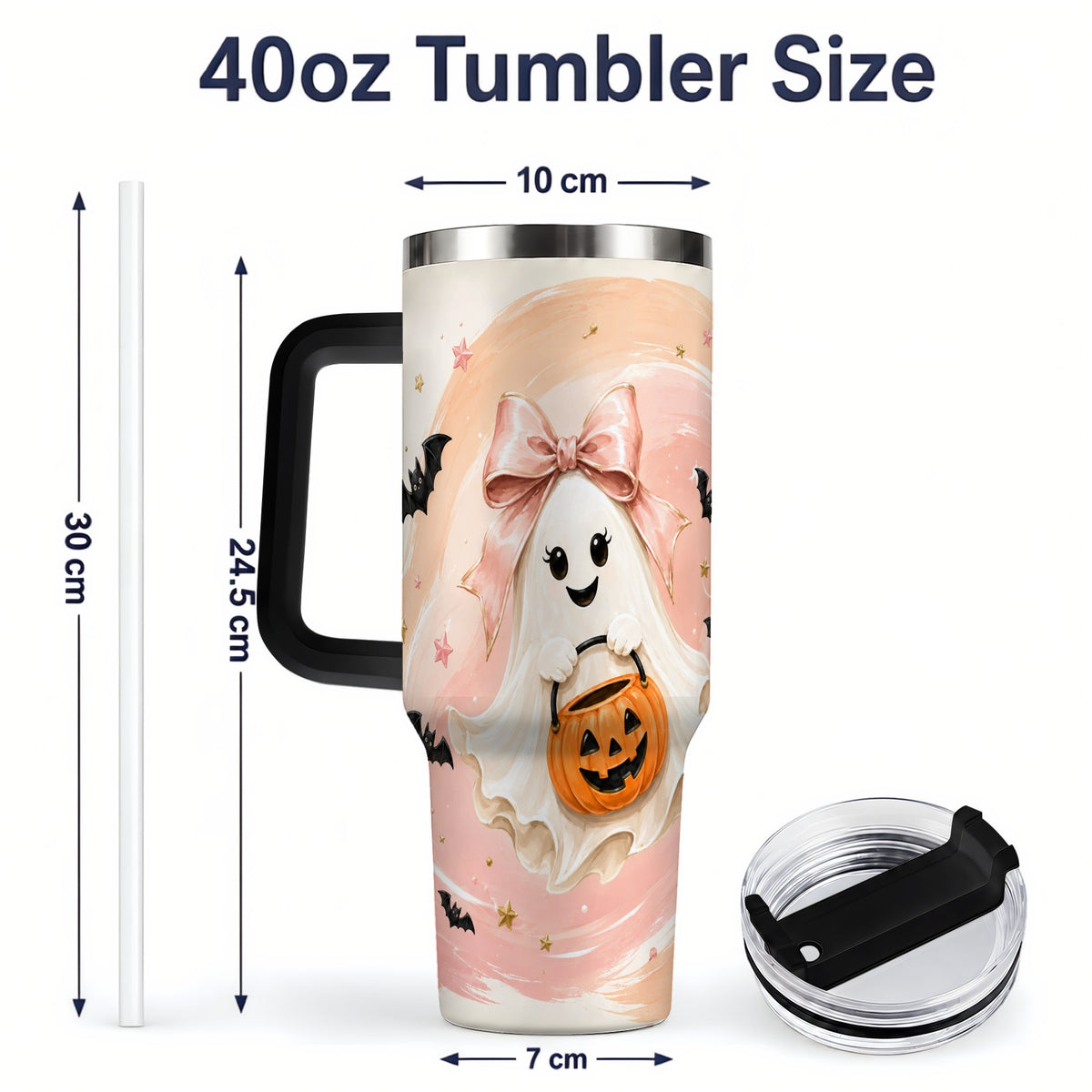 #pl[40oz|Black] Cute Bow Ghost Halloween 40oz Tumbler, Pink Pumpkin Bat Artwork