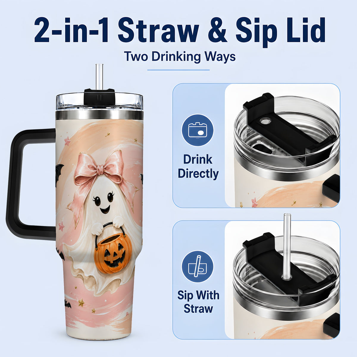 #pl[40oz|Black] Cute Bow Ghost Halloween 40oz Tumbler, Pink Pumpkin Bat Artwork
