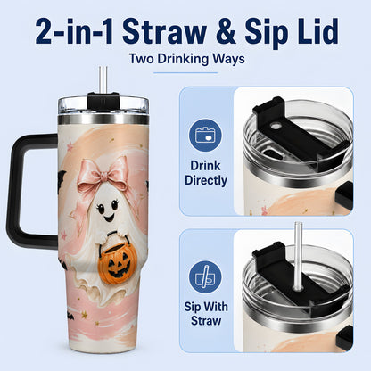 #pl[40oz|Black] Cute Bow Ghost Halloween 40oz Tumbler, Pink Pumpkin Bat Artwork