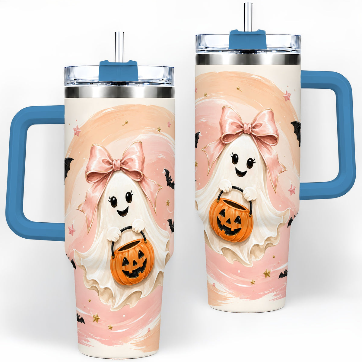 #pl[40oz|Blue] Cute Bow Ghost Halloween 40oz Tumbler, Pink Pumpkin Bat Artwork