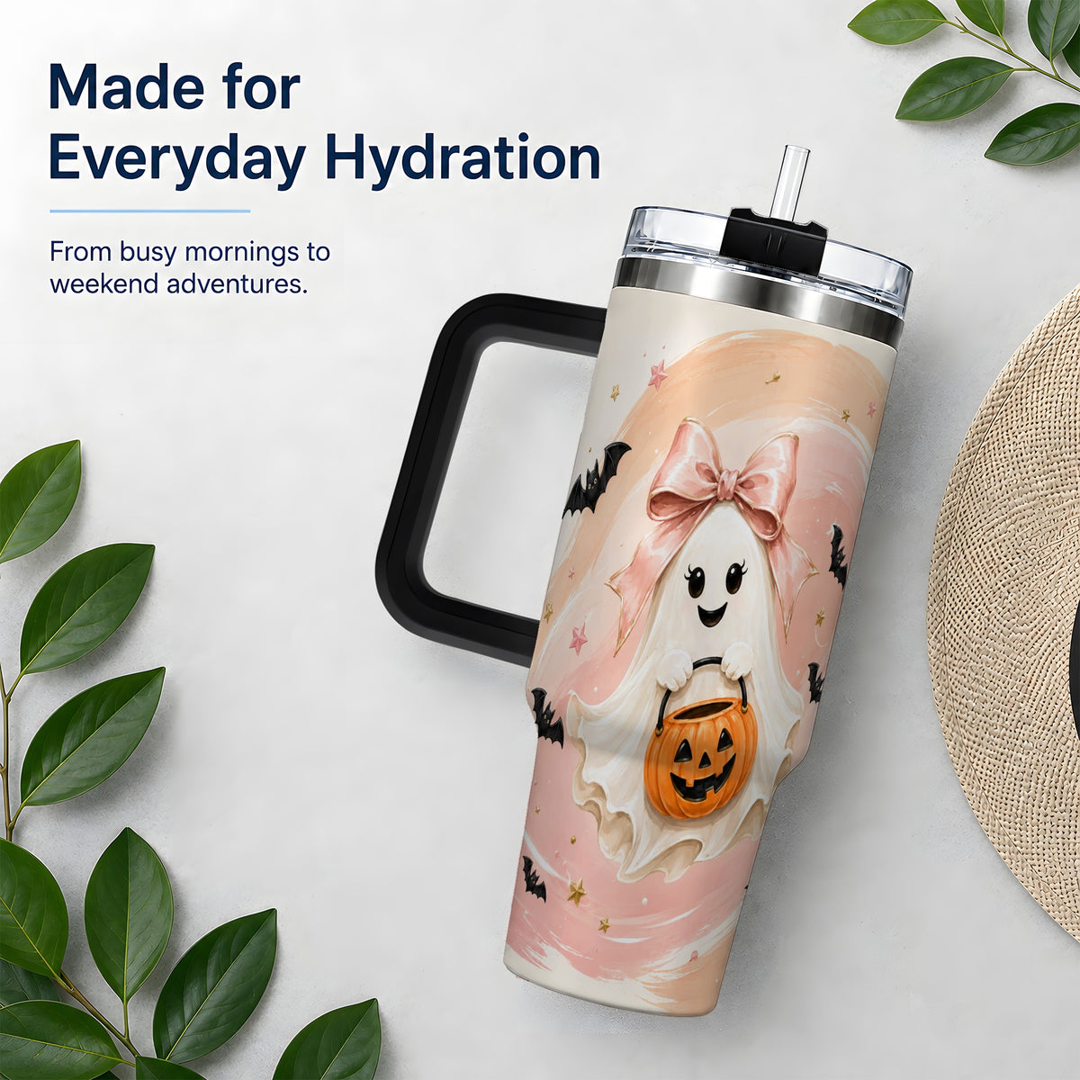 #pl[40oz|Black] Cute Bow Ghost Halloween 40oz Tumbler, Pink Pumpkin Bat Artwork