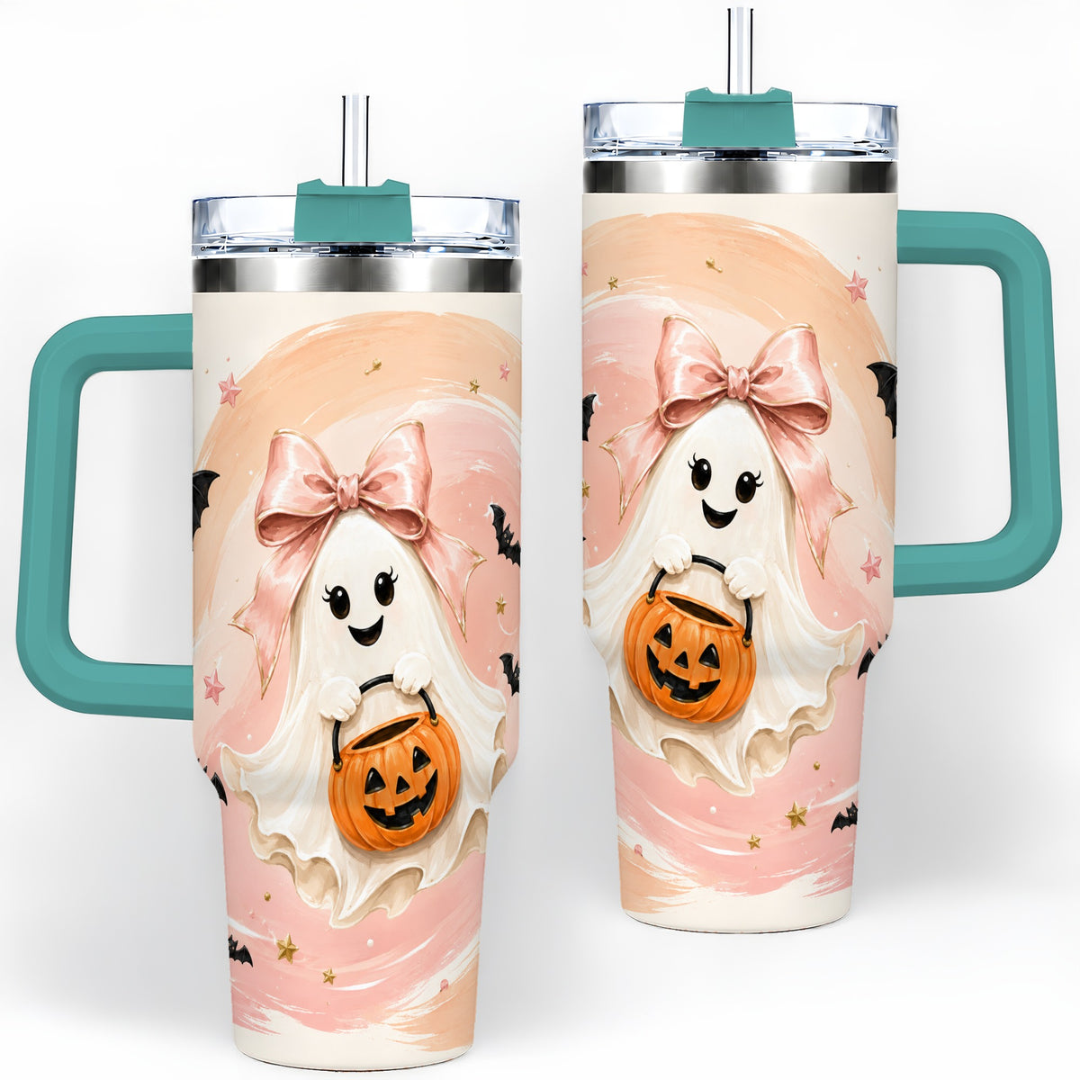 #pl[40oz|Green] Cute Bow Ghost Halloween 40oz Tumbler, Pink Pumpkin Bat Artwork