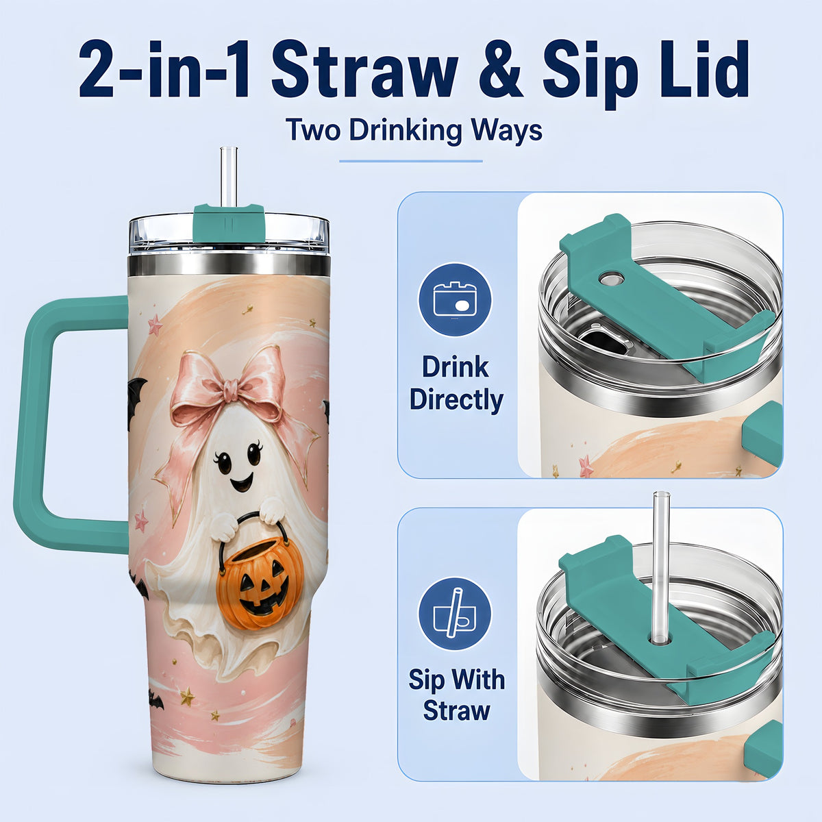 #pl[40oz|Green] Cute Bow Ghost Halloween 40oz Tumbler, Pink Pumpkin Bat Artwork