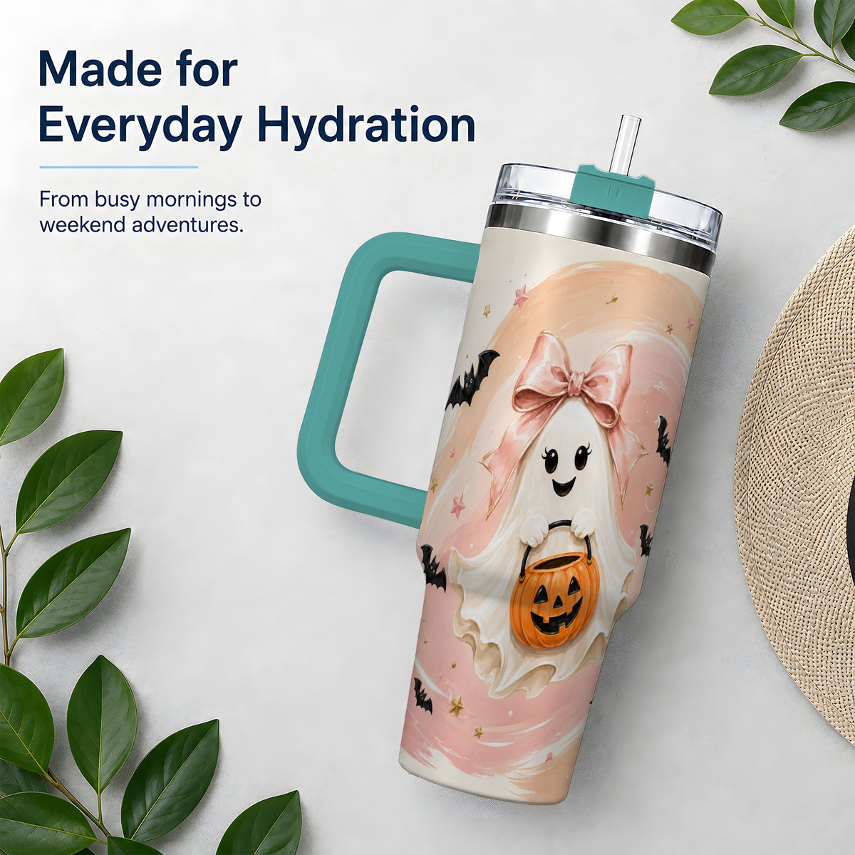 #pl[40oz|Green] Cute Bow Ghost Halloween 40oz Tumbler, Pink Pumpkin Bat Artwork