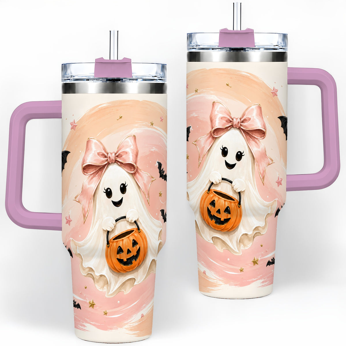 #pl[40oz|Pink] Cute Bow Ghost Halloween 40oz Tumbler, Pink Pumpkin Bat Artwork