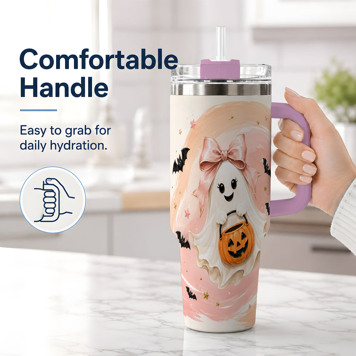 #pl[40oz|Pink] Cute Bow Ghost Halloween 40oz Tumbler, Pink Pumpkin Bat Artwork
