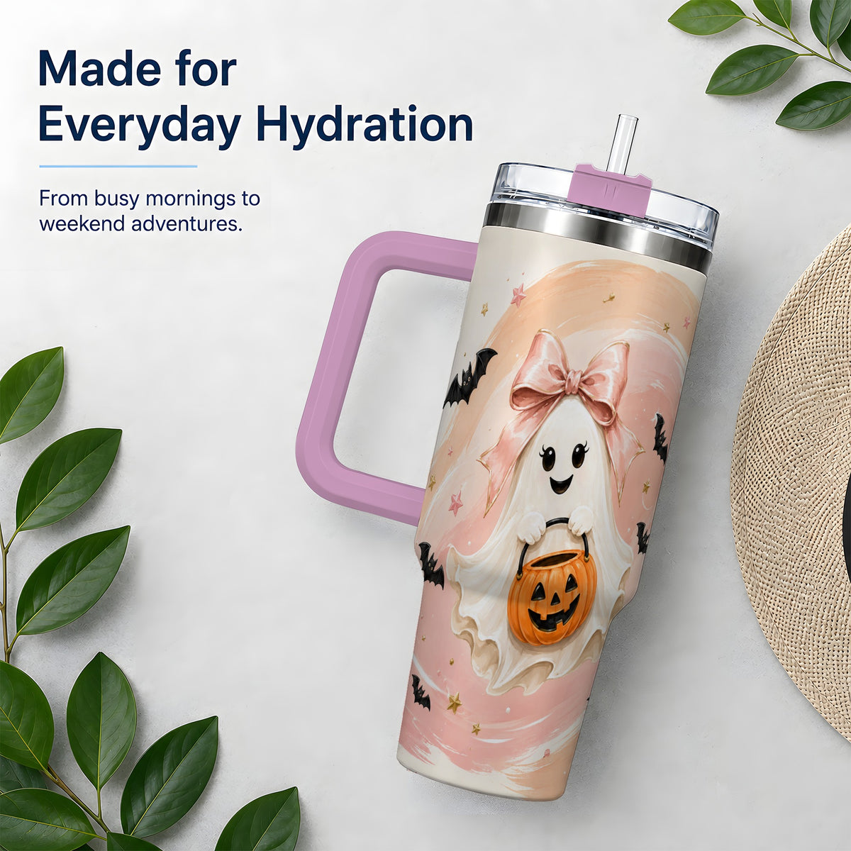 #pl[40oz|Pink] Cute Bow Ghost Halloween 40oz Tumbler, Pink Pumpkin Bat Artwork
