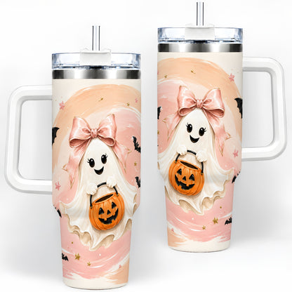 Cute Bow Ghost Halloween 40oz Tumbler, Pink Pumpkin Bat Artwork
