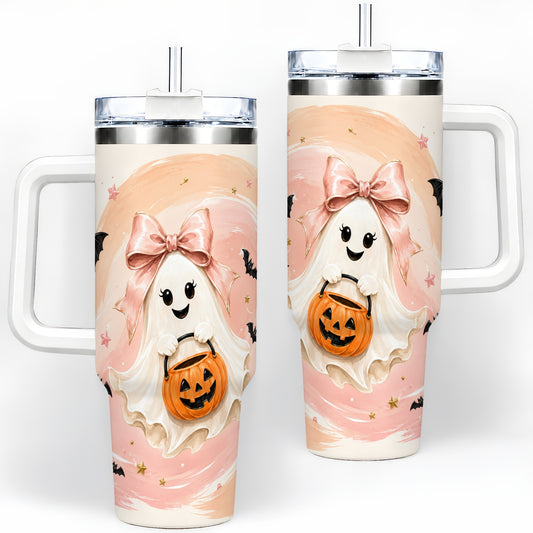 Cute Bow Ghost Halloween 40oz Tumbler, Pink Pumpkin Bat Artwork
