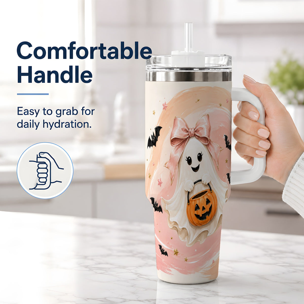 #pl[40oz|White] Cute Bow Ghost Halloween 40oz Tumbler, Pink Pumpkin Bat Artwork