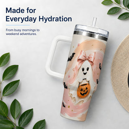 #pl[40oz|White] Cute Bow Ghost Halloween 40oz Tumbler, Pink Pumpkin Bat Artwork