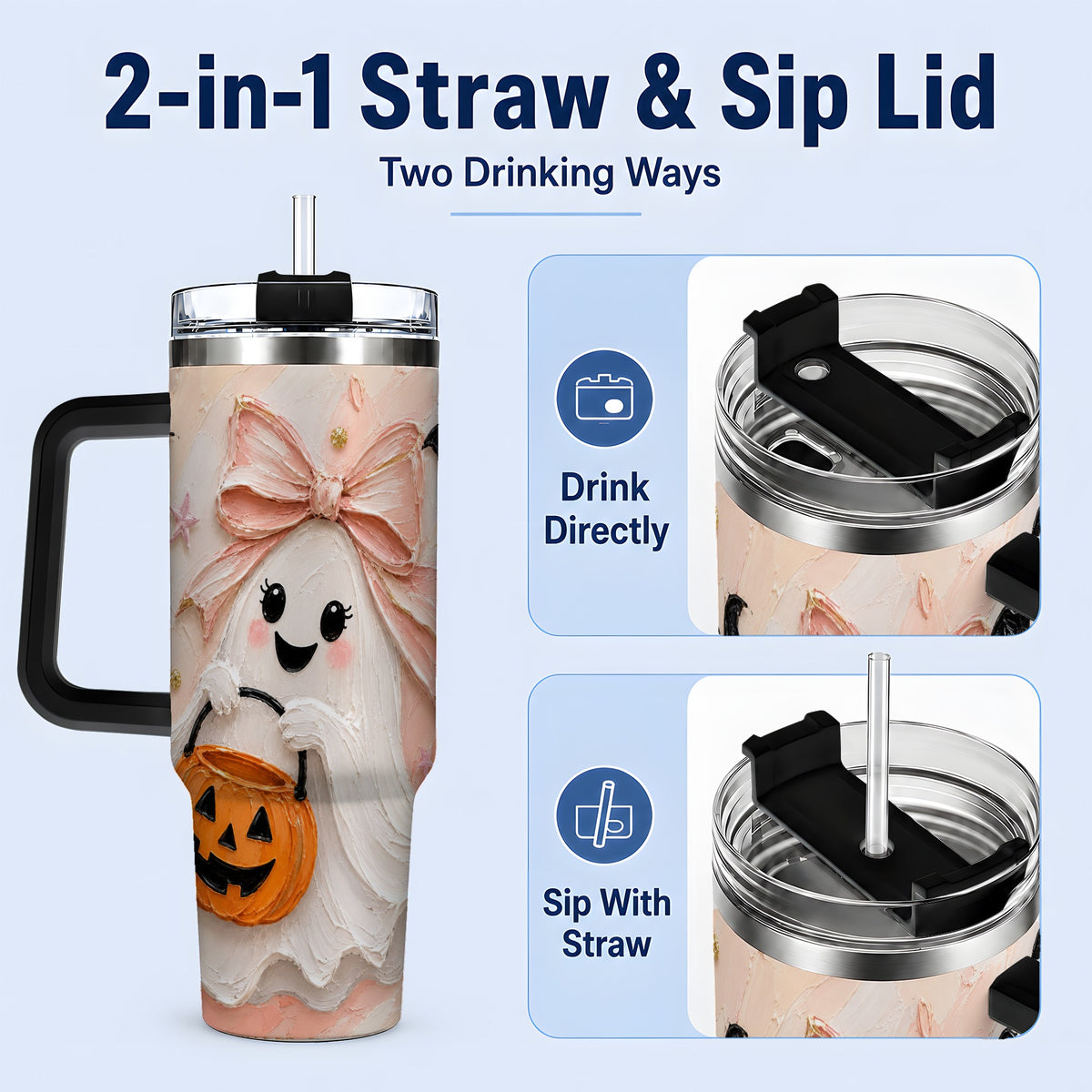 #pl[40oz|Black] Pink Bow Ghost Halloween 40oz Tumbler, Pumpkin Bat Painterly Artwork