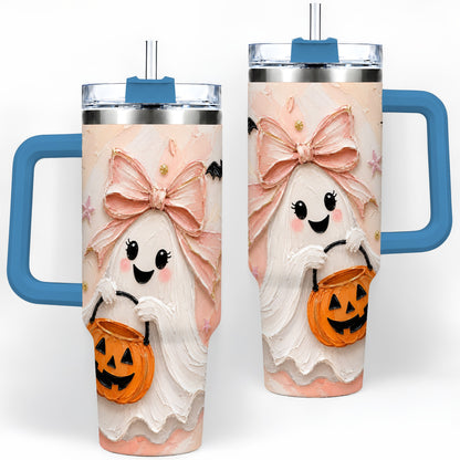 #pl[40oz|Blue] Pink Bow Ghost Halloween 40oz Tumbler, Pumpkin Bat Painterly Artwork
