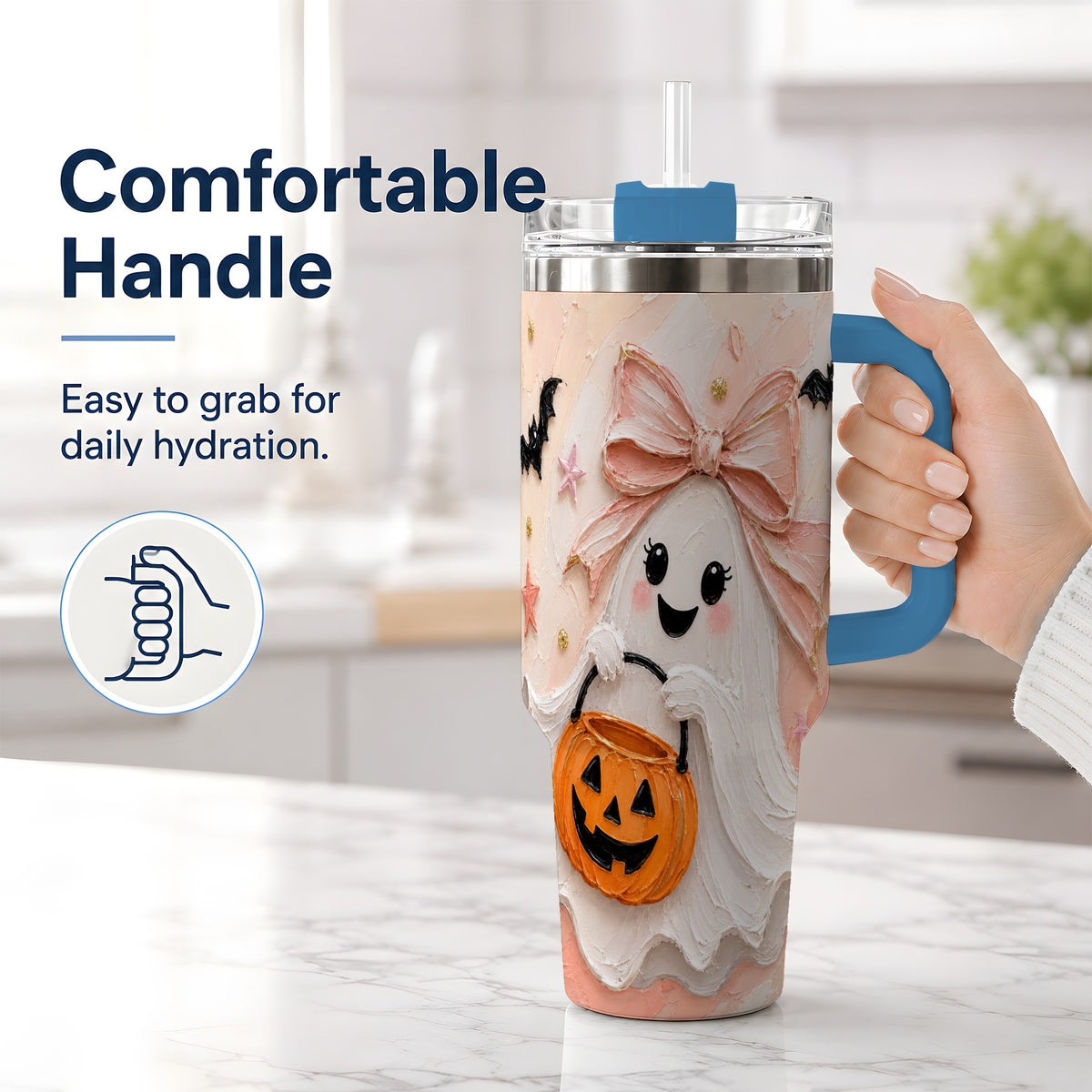 #pl[40oz|Blue] Pink Bow Ghost Halloween 40oz Tumbler, Pumpkin Bat Painterly Artwork
