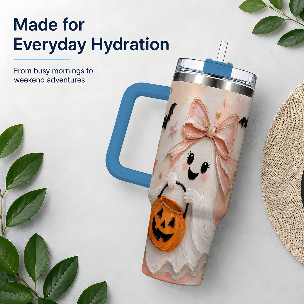 #pl[40oz|Blue] Pink Bow Ghost Halloween 40oz Tumbler, Pumpkin Bat Painterly Artwork
