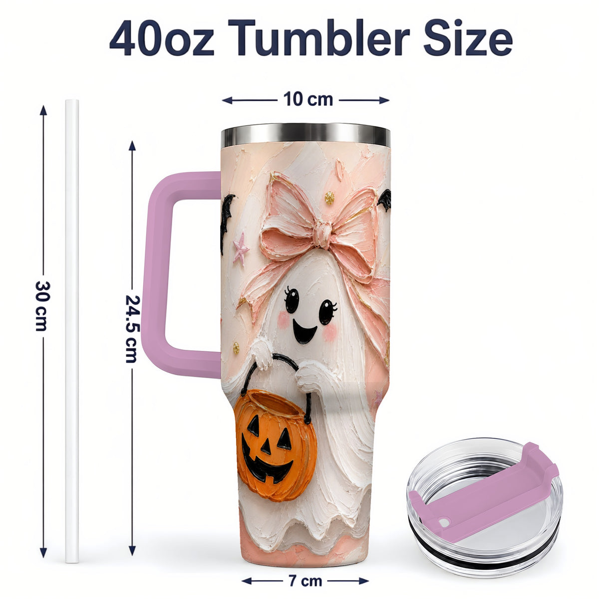 #pl[40oz|Pink] Pink Bow Ghost Halloween 40oz Tumbler, Pumpkin Bat Painterly Artwork