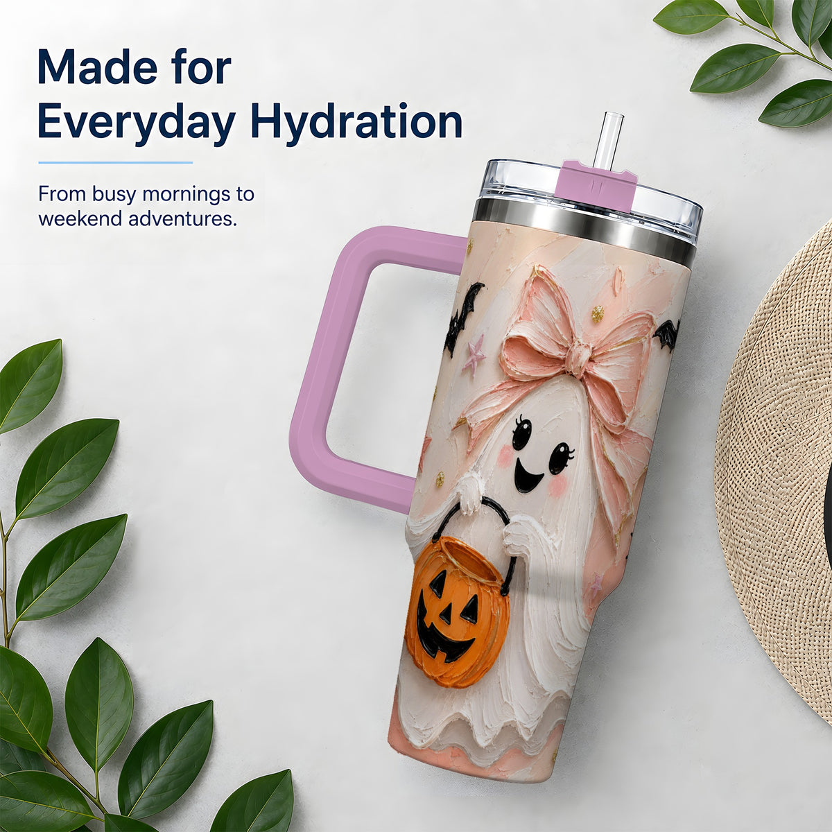 #pl[40oz|Pink] Pink Bow Ghost Halloween 40oz Tumbler, Pumpkin Bat Painterly Artwork