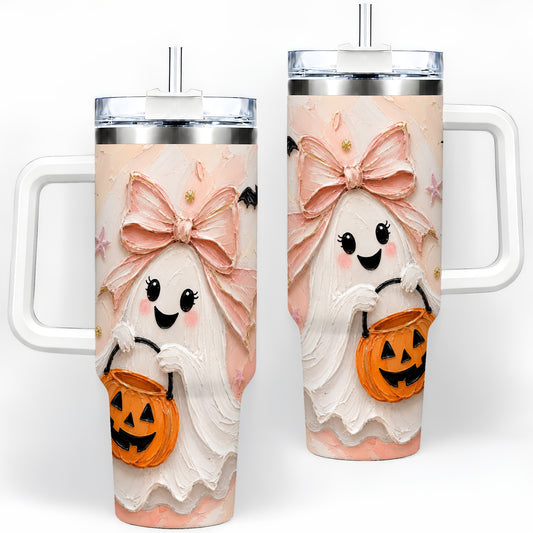 Pink Bow Ghost Halloween 40oz Tumbler, Pumpkin Bat Painterly Artwork