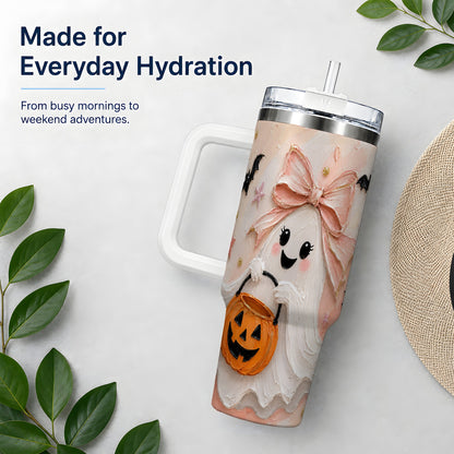 #pl[40oz|White] Pink Bow Ghost Halloween 40oz Tumbler, Pumpkin Bat Painterly Artwork