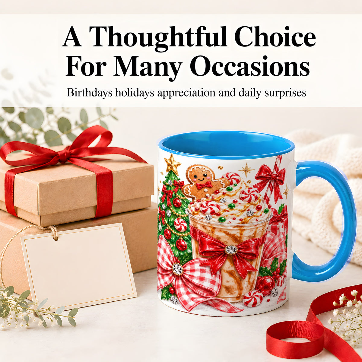 #pl[11oz|Blue] Christmas Coffee Ceramic Mug, Candy Cane Gingerbread Artwork