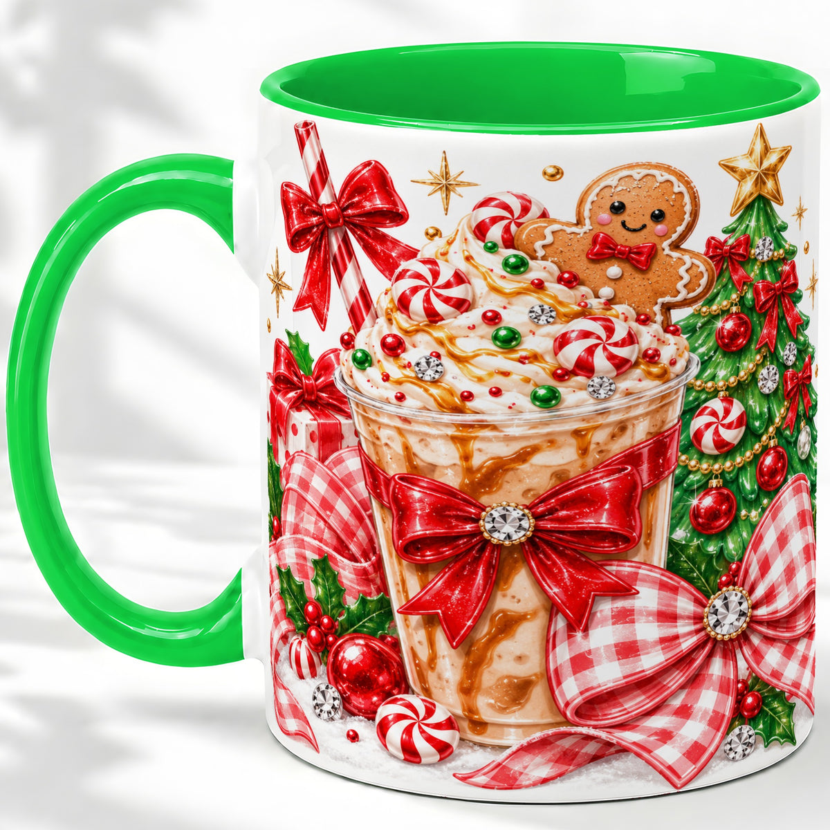 #pl[11oz|Green] Christmas Coffee Ceramic Mug, Candy Cane Gingerbread Artwork