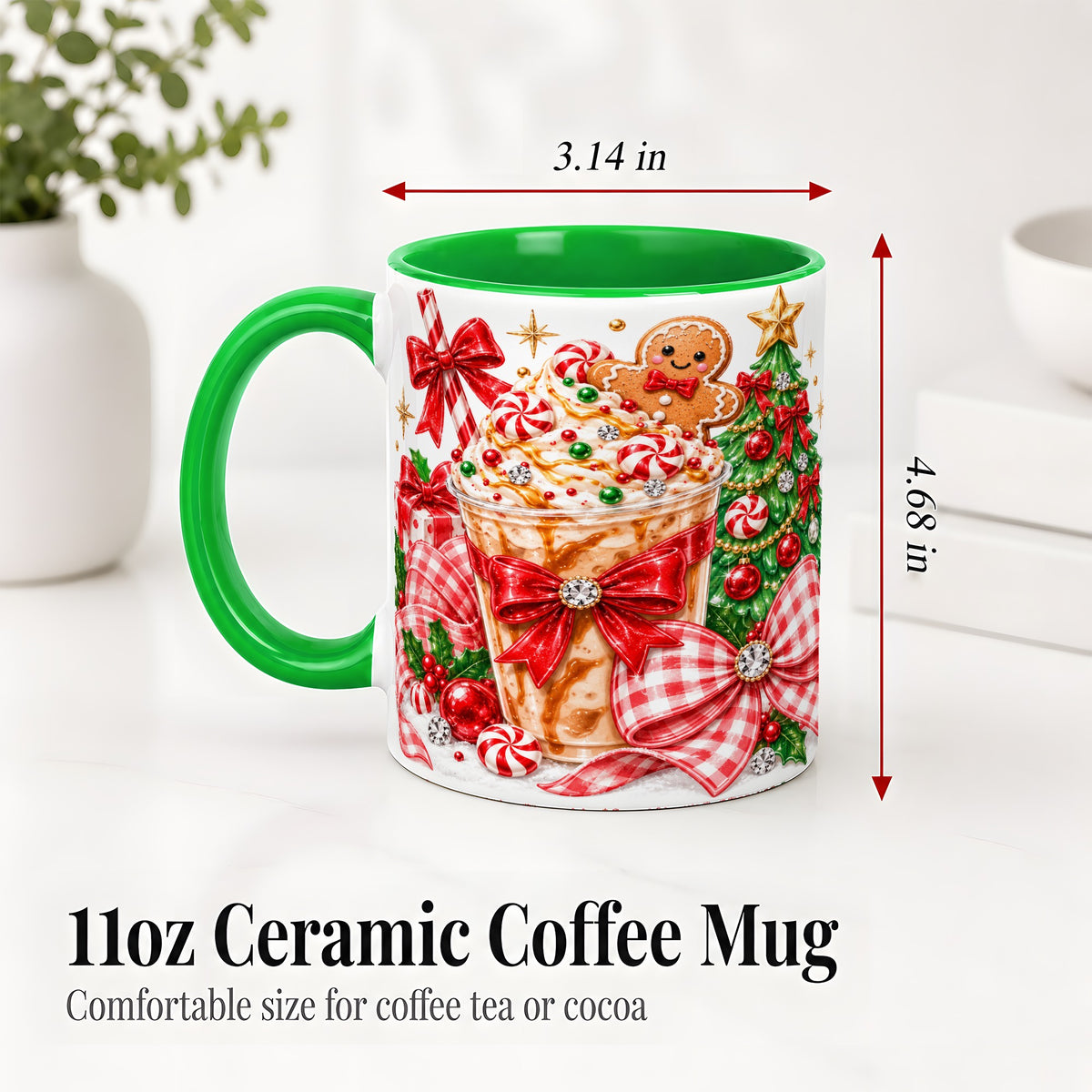 #pl[11oz|Green] Christmas Coffee Ceramic Mug, Candy Cane Gingerbread Artwork