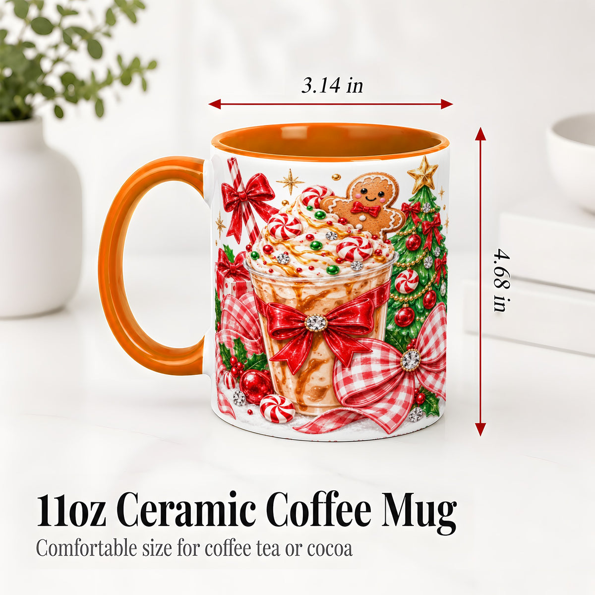 #pl[11oz|Orange] Christmas Coffee Ceramic Mug, Candy Cane Gingerbread Artwork