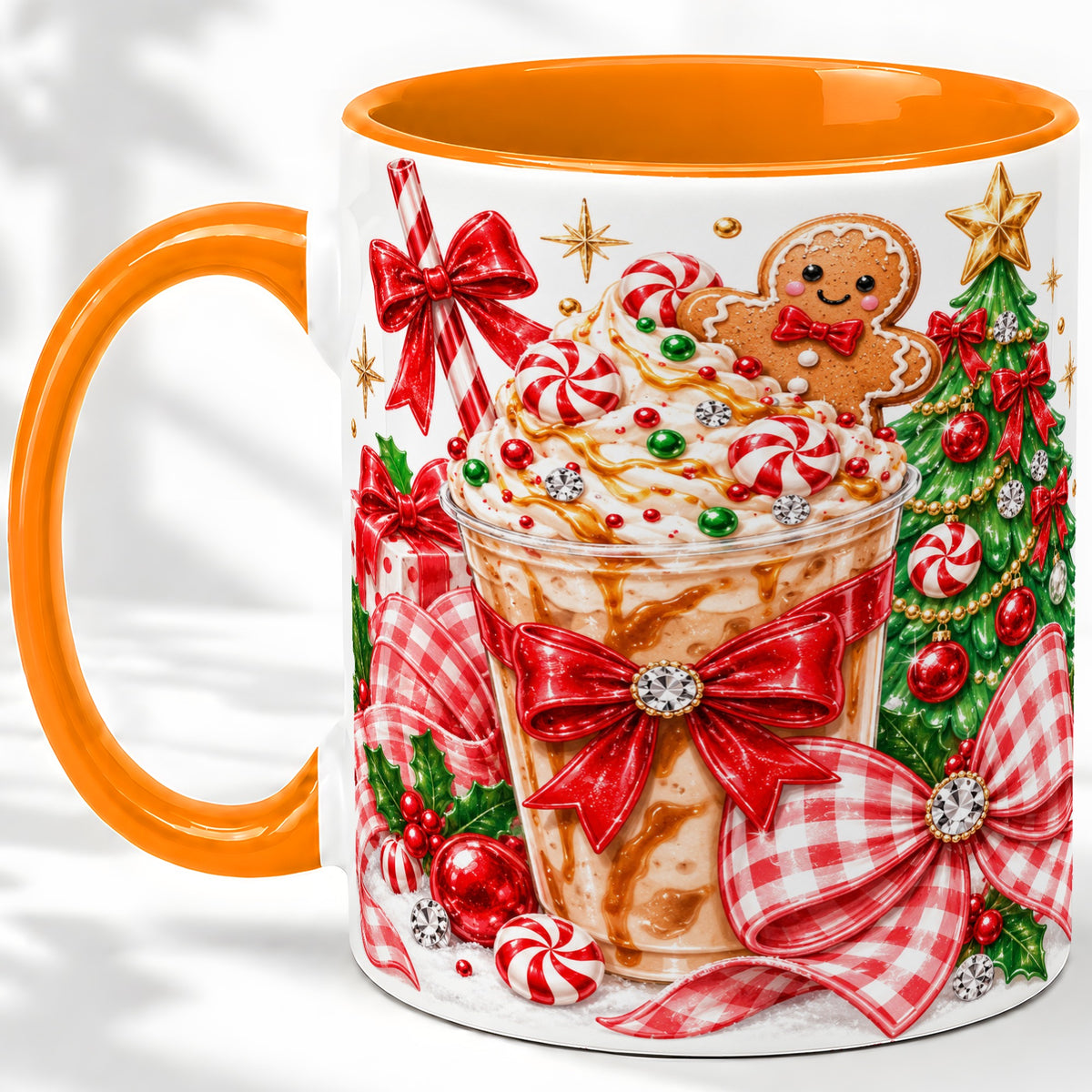 #pl[11oz|Orange] Christmas Coffee Ceramic Mug, Candy Cane Gingerbread Artwork