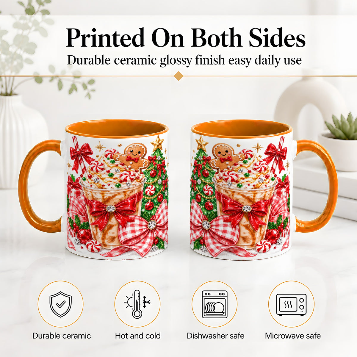 #pl[11oz|Orange] Christmas Coffee Ceramic Mug, Candy Cane Gingerbread Artwork