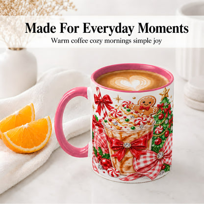 #pl[11oz|Pink] Christmas Coffee Ceramic Mug, Candy Cane Gingerbread Artwork