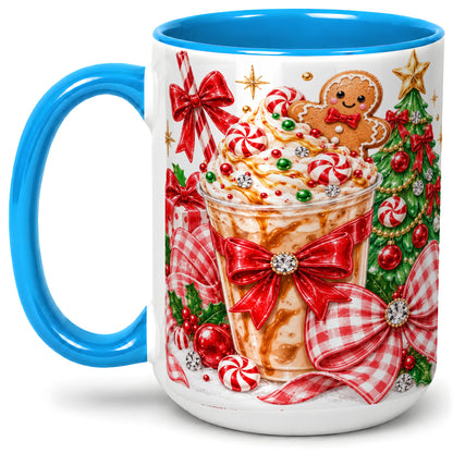 #pl[15oz|Blue] Christmas Coffee Ceramic Mug, Candy Cane Gingerbread Artwork