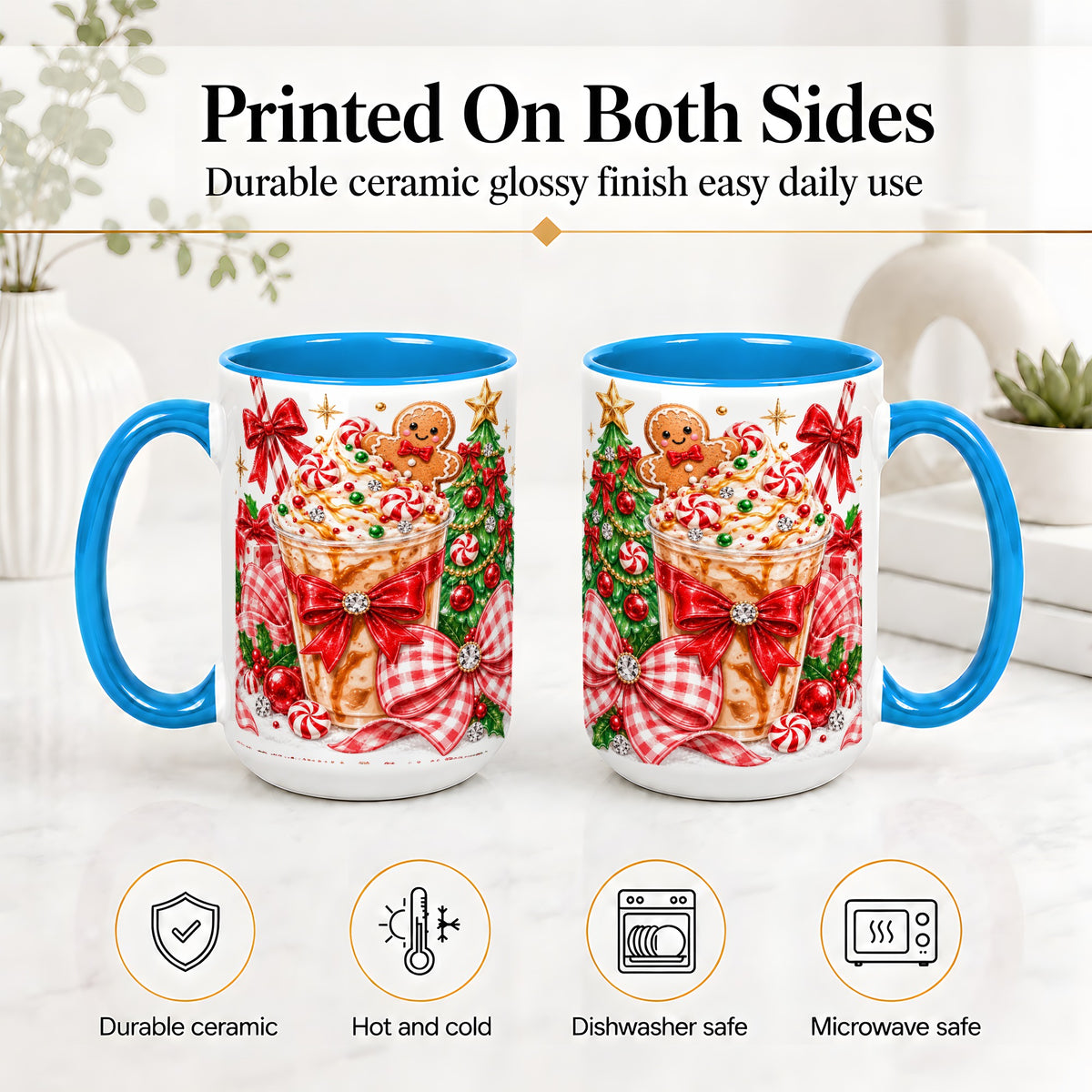 #pl[15oz|Blue] Christmas Coffee Ceramic Mug, Candy Cane Gingerbread Artwork