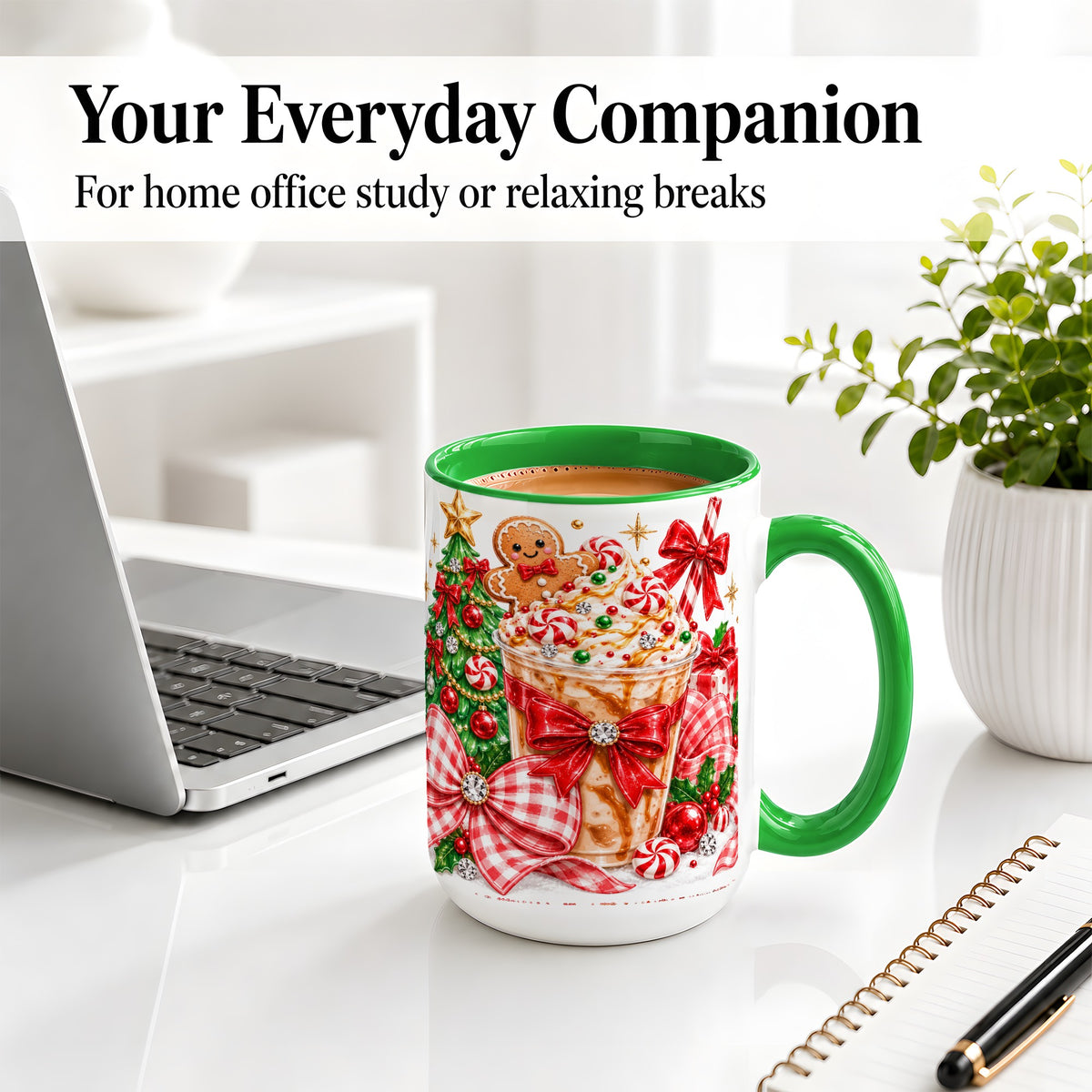 #pl[15oz|Green] Christmas Coffee Ceramic Mug, Candy Cane Gingerbread Artwork